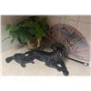 Image 1 : Black Ceramic Panther Figurine, Brass Swan Planter, and Decorative Folding Fan