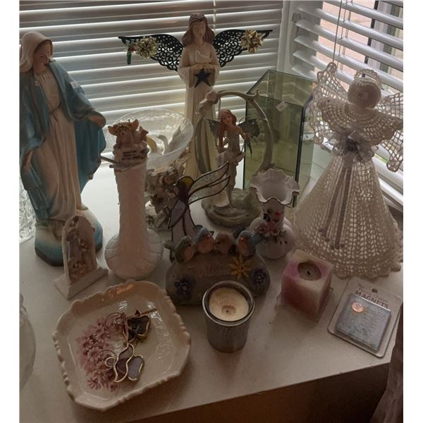 Angel Figurines, Decorative Plate, Candles, and Trinkets