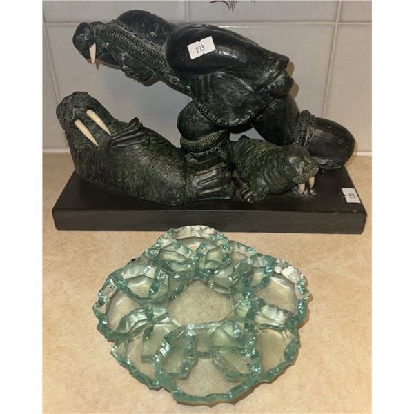 Soapstone Inuit Carving of Hunter and Walrus with Glass Flower Frog