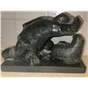 Image 5 : Soapstone Inuit Carving of Hunter and Walrus with Glass Flower Frog