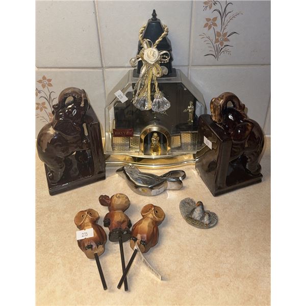 Lot: Rhythm Clock, Ceramic Elephant Bookends, Animal Picks, Bird Figurines