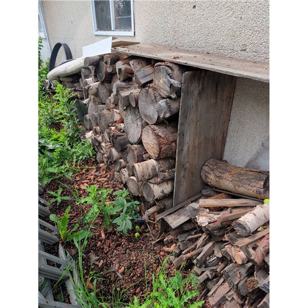 Stacked Covered Firewood Logs and Kindling Pile