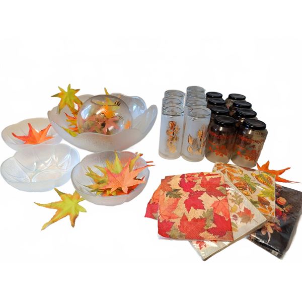 Autumn Leaf Decor Lot: Bowl Set, Glassware, Napkins