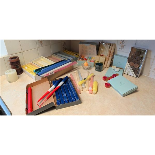 Large Assorted Candle Collection With Candle Snuffer and Crystal Shakers