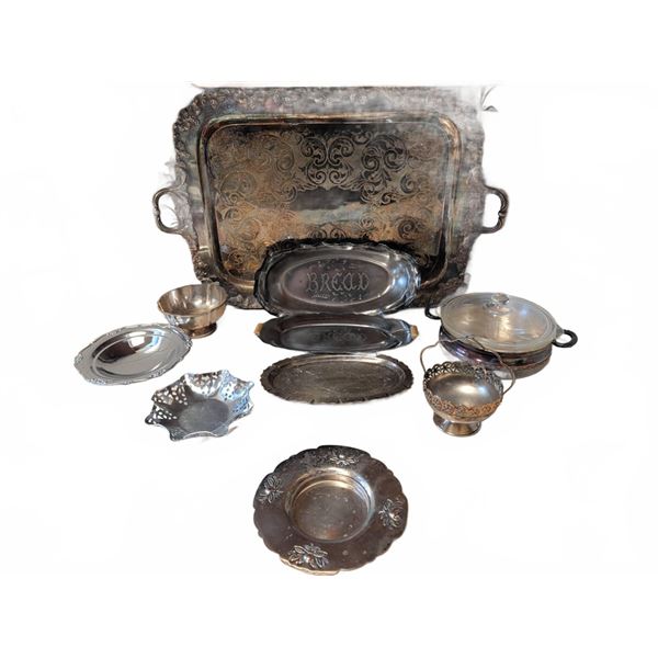Silver Plate Serving Trays, Bowls, and Dishes (Burney, Sheffield, Crown)