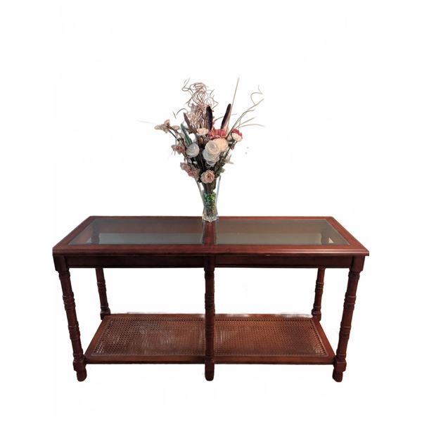 Rectangular Wooden Console Table with Glass Top and Lower Cane Shelf