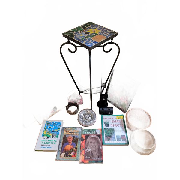 Garden Decor Lot with Wrought Iron Mosaic Stand and Gardening Books