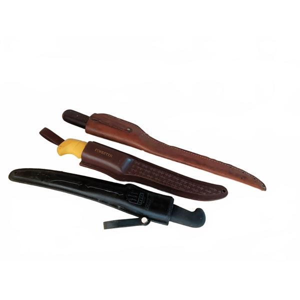 Three Fixed-Blade Fillet Knives with Sheaths: Olsen, MAC, and Forester