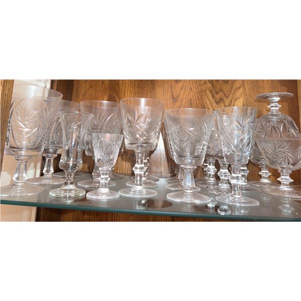 Cut Glass Stemware Assortment, Floral and Geometric Patterns, Set of 15