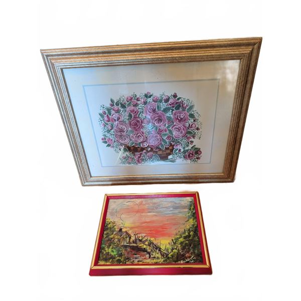 Two Framed Paintings: Bouquet by V. Osterman and Landscape by Bourget 1974
