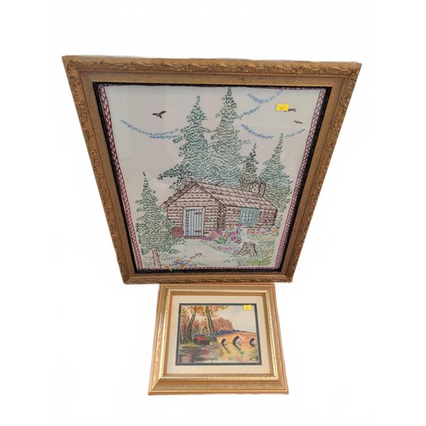Framed Cabin Cross-Stitch and Framed Landscape Print