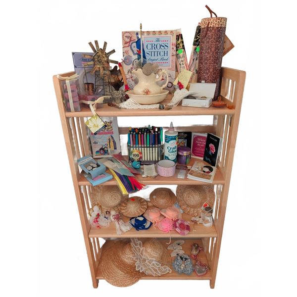Large Assortment of Craft Supplies, Decorations and Books, Shelf Not Included