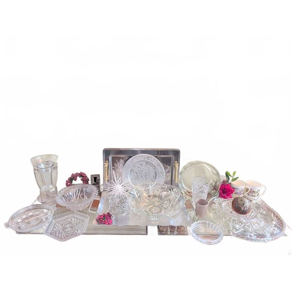 Glass and Crystal Tableware Lot with Silver Trays & More