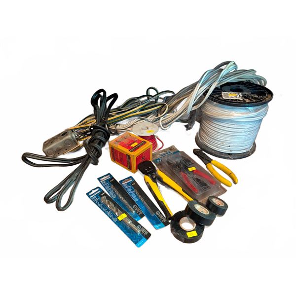 Electrical Essentials Lot with Cables, Tape, Tools, and Drill Bits