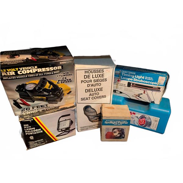 Automotive Accessories Lot: Compressor, Work Light, Timing Light, Traction Cables