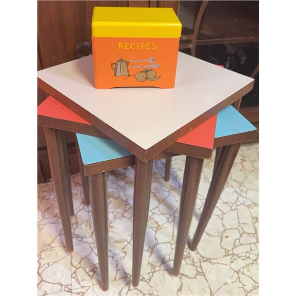 3 Square Tapered Leg Tables and Metal Recipe Box