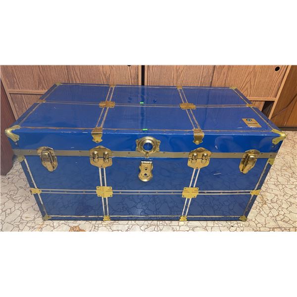 Large Blue Metal and Brass Trunk (Contents Not Included)