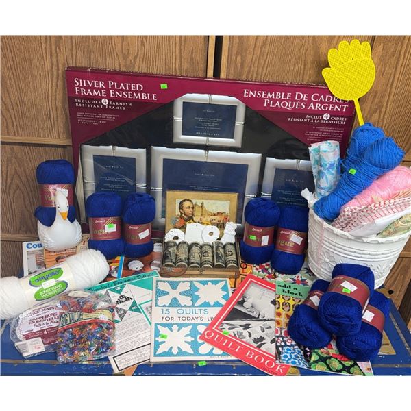 Lot: Yarn, Silver Plated Frame Set, Craft Supplies