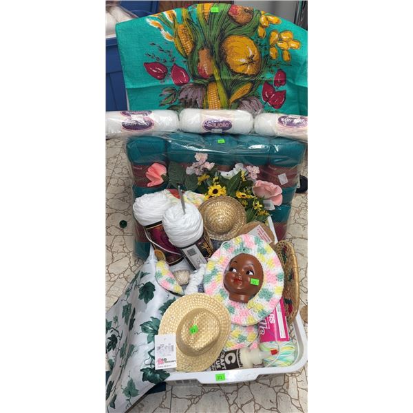 Craft Yarn Lot With Decor, Hats, and Doll Head