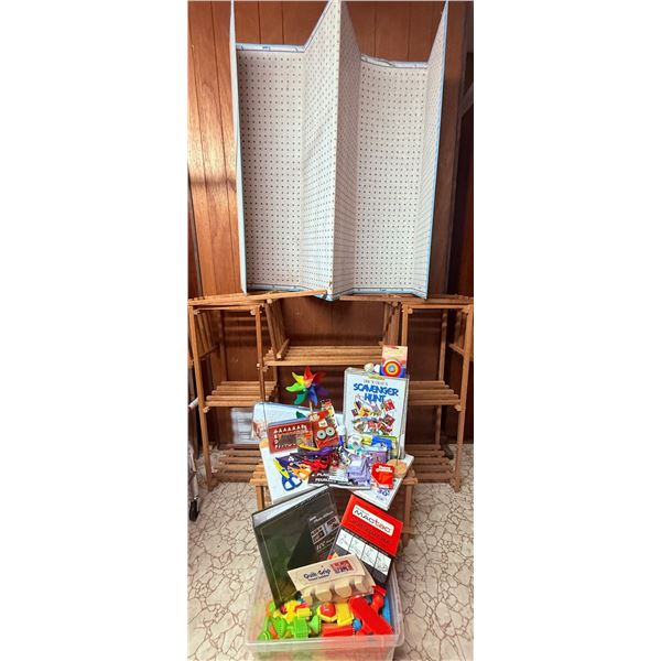 Craft and Game Lot With Folding Screen and Wooden Racks