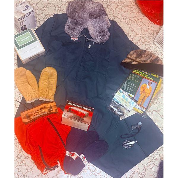 Winter Clothing and Gear Lot Including Coveralls, Hats, and Accessories
