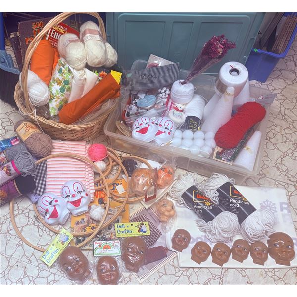 Large Craft Supplies Lot With Patterns, Yarn, Fabrics, Doll Heads