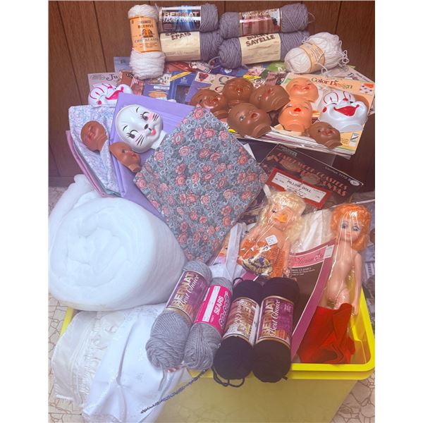 Craft Lot With Yarn, Doll Heads, Patterns, Fabric, Batting