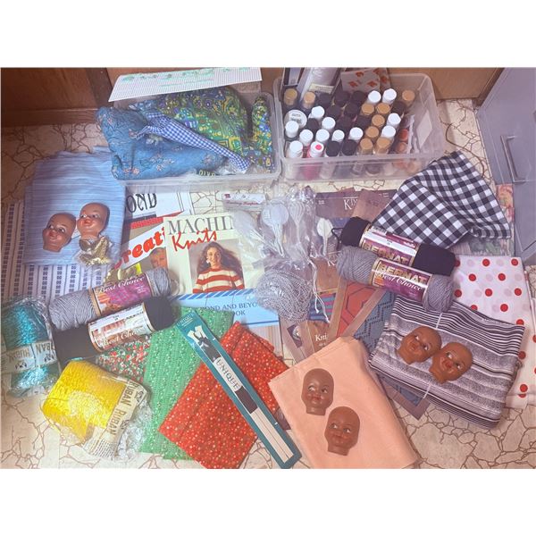 Craft Lot with Acrylic Paints, Yarn, Fabric, Doll Heads, and Tools