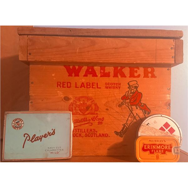 Walker Red Label Wood Crate With Tobacco Tins