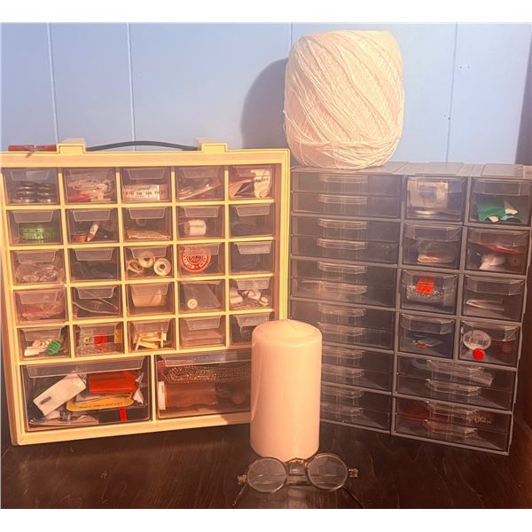 Sewing Notions Organizer Lots With Thread, Candle, Glasses