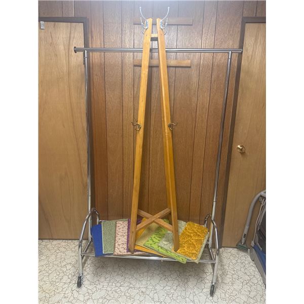 Wood Coat Tree, Chrome Garment Rack and Carpet Rug Samples