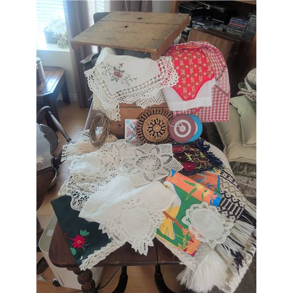 Antique Linens, Doilies, and E.W. Nelson Camrose Wood Box