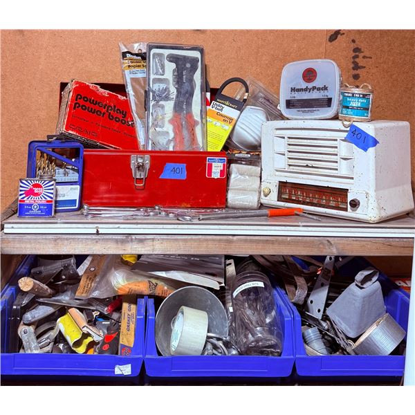 Workshop Tools and Hardware Lot with Red Toolbox and Vintage Radio