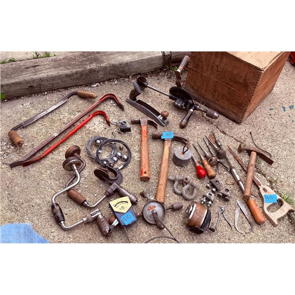 Hand Tools Including Braces, Hammers, and Die Grinder