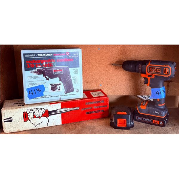 Black+Decker 20V Drill, Sears Craftsman 3/8-in Cordless Drill, Remington Power Hammer
