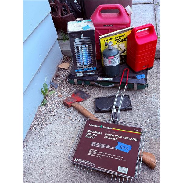 Outdoor Camping Equipment Group with Grilling Basket, Propane Canister, and Bug Zapper