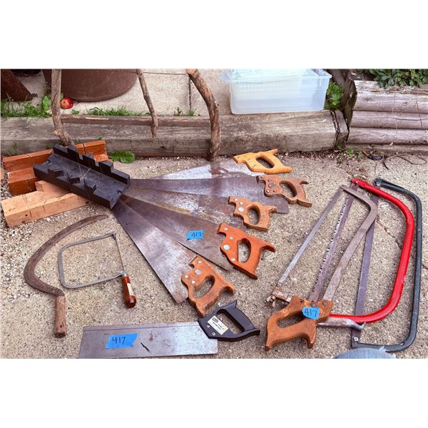Hand Saw and Bow Saw Assortment with Miter Box and Sickle