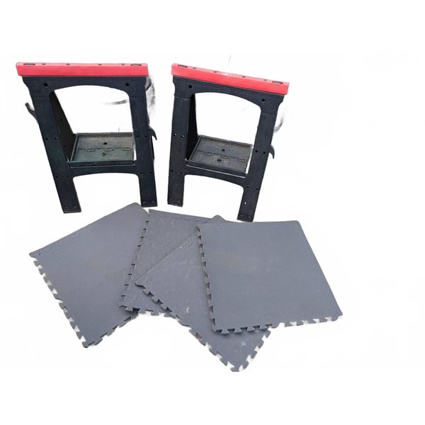 Plastic Folding Sawhorses and Four Interlocking Foam Floor Mats
