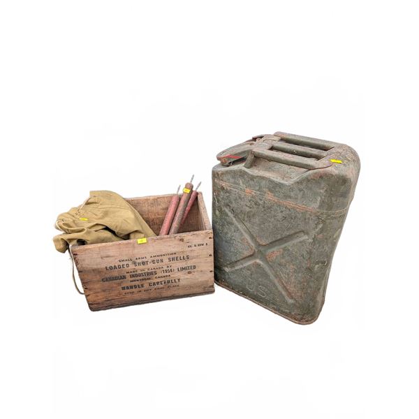 Canadian Industries Ammo Crate, Military Jerry Can, Gloves, and Rods