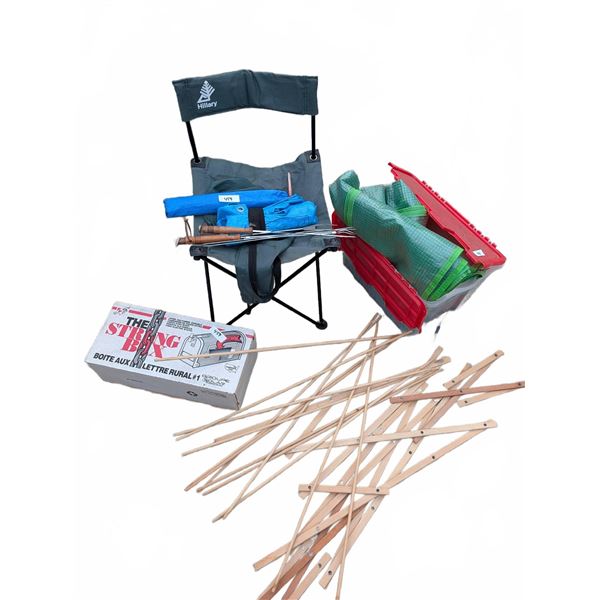 Garden Greenhouse Structure, Folding Lawn Chair, Tarped Shelter, Clothing Rack, and Metal Mailbox