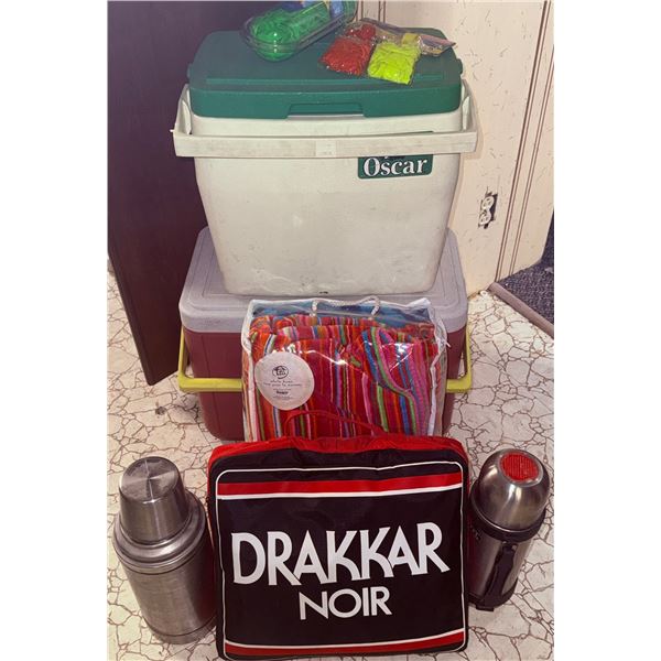 Outdoor Lot with Oscar and Coleman Coolers, Drakkar Noir Bag, Thermoses, Towels, and Water Balloons