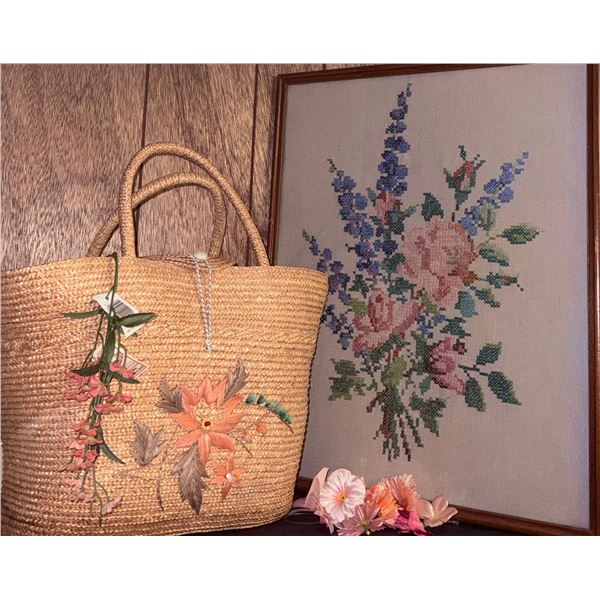 Woven Straw Tote with Embroidered Floral Design and Framed Floral Needlework