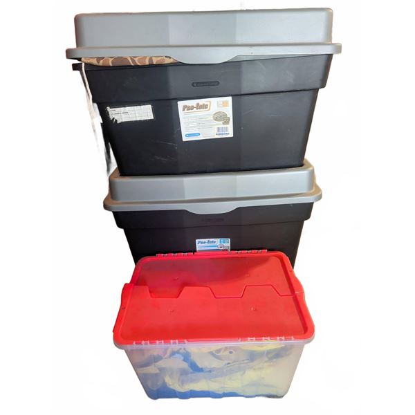 Three Storage Totes With Men’s Hunting and Weather Resistant Outerwear