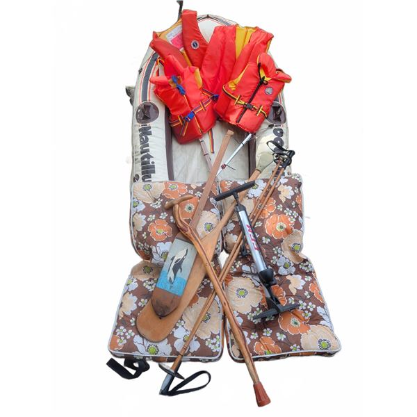 Inflatable Boat With Oars, Life Jackets, Pump, And Boat Cushions
