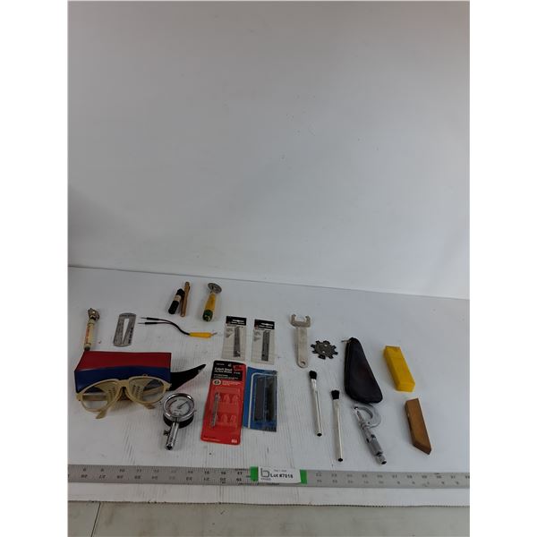 Glasses, Gauge, Saw Blades, Paint Brushes, Misc ( as is)