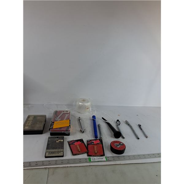 Tire Gauge, Flashlight, Drill Bit Set, Pliers and Wrench set, Misc