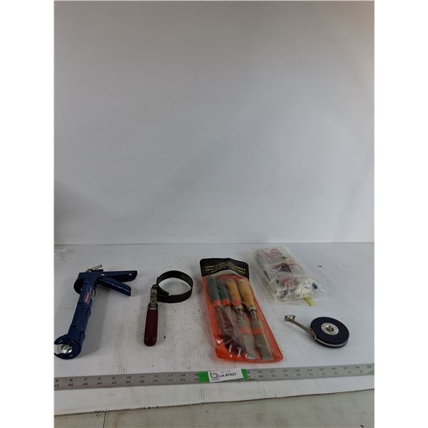 9" Caulking Gun, Chisel Set, Tape Measure, Misc