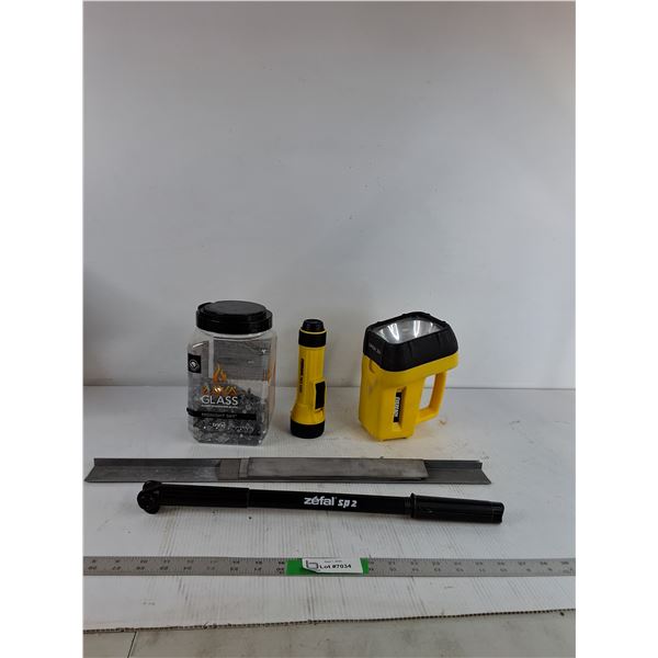 Fire Glass, (2) Flashlights, Zéfal MT Frame Pump, Misc