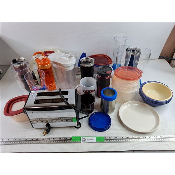 Water Bottles, Plastic Containers, Toastmaster Toaster, Measuring Pitchers, Bowls, Misc