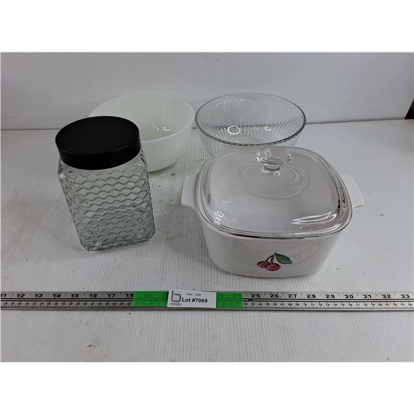 Milk Glass Bowl, Cookie Jar, Glass Bowl & Casserole Dish w/Lid